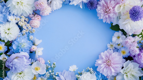 blossom flowers blooming floral festive bouquet wall fashion blue purple white background with copy space. 3D fashion pastel beautiful card wallpaper