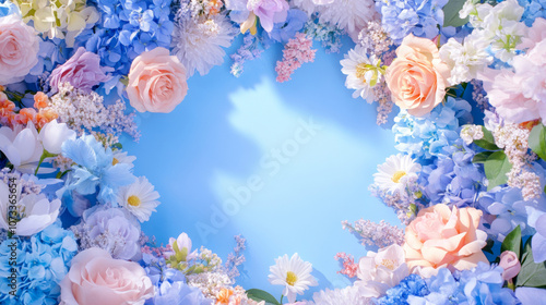 Wallpaper Mural blossom flowers blooming floral festive bouquet wall fashion blue purple white background with copy space. 3D fashion pastel beautiful card wallpaper Torontodigital.ca