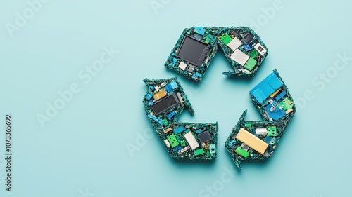 Conceptual representation of electronic waste recycling with circuit boards arranged in a circular pattern on a pastel blue background highlighting sustainability and tech innovation