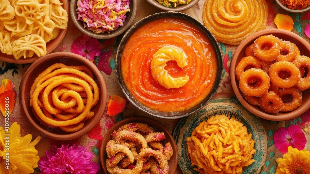 Vibrant Indian Sweets Displayed in Colorful Bowls on a Decorative Table for Festive Celebrations and Cultural Events Vibrant Indian Sweets Displayed in Colorful Bowls on a Decorative Table for Festive Celebrations and Cultural Events