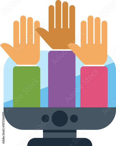 People raising hands from computer screen, participating to an online voting system