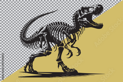 A black silhouette of a dinosaur skeleton