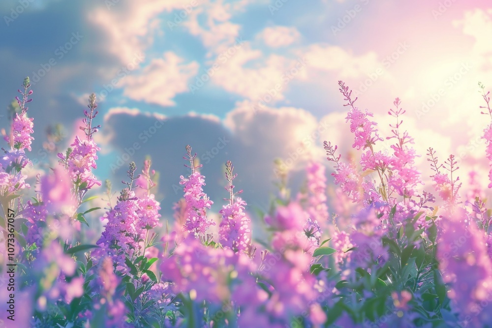 Fototapeta premium Purple lavender flowers on sunny beautiful nature spring background. Summer scene with fresh lavandula flower of lilac color. Neural network ai generated art
