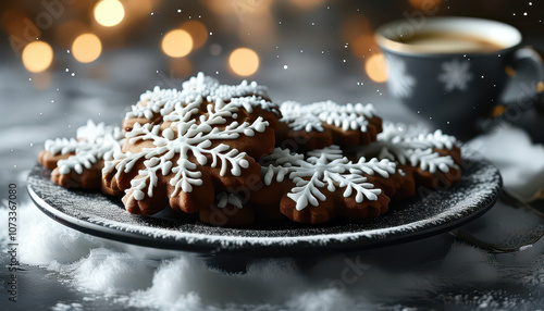 Christmas still life with a plate of gingerbread cookies and a cup of coffee or tea in the background, Generative AI