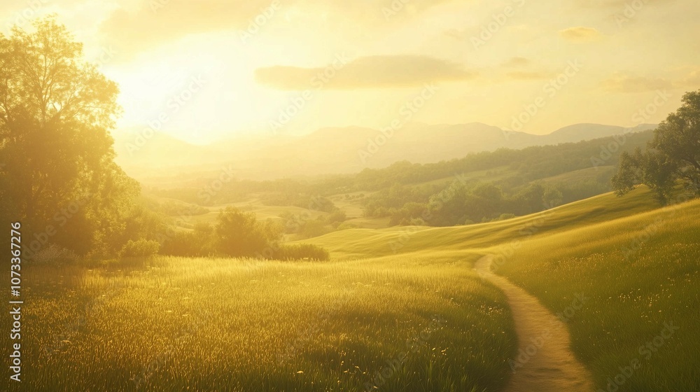 Fototapeta premium Soft focus mountain dirt road in foggy frosty dawn with warm colors and visible sunshine Morning dirt road through mountain plateau 