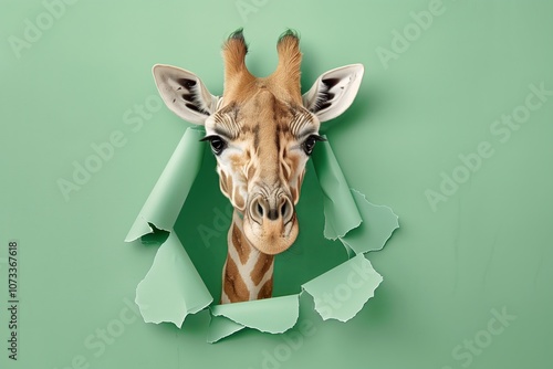 Cute giraffe, in a hole in a torn sheet, simple green background photo