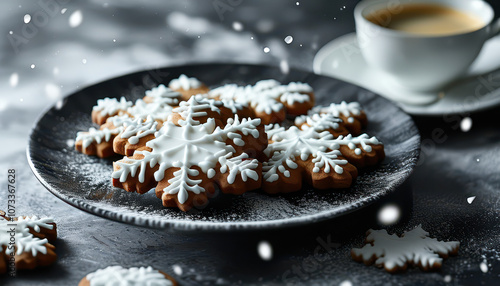 Christmas still life with a plate of gingerbread cookies and a cup of coffee or tea in the background, Generative AI