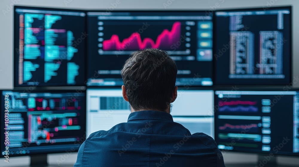 Individual Analyzing Financial Data on Multiple Monitors with Stock Market Graphs and Analytics for Investment Decisions and Financial Performance Assessment Individual Analyzing Financial Data on Multiple Monitors with Stock Market Graphs and Analytics for Investment Decisions and Financial Performance Assessment