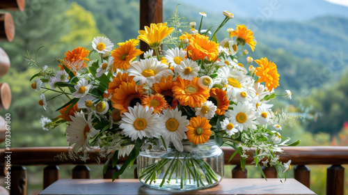 vibrant arrangement of fresh daisies and sunflowers creates cheerful atmosphere, showcasing bright yellow and white blooms against scenic backdrop. flowers exude joy and warmth, perfect for any