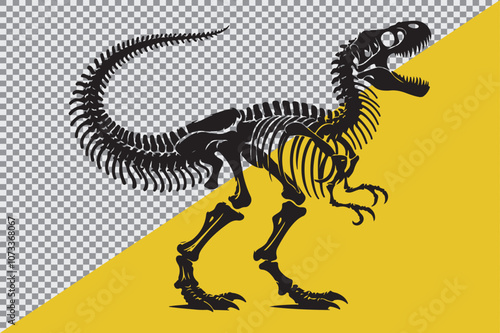 A black silhouette of a dinosaur skeleton