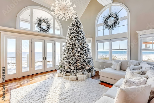 Coastal Living Room with Christmas Tree and Ocean View