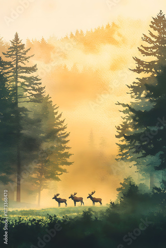 Serene Watercolor Moose in Forest Landscape