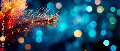 Wallpaper Mural A close-up view of a pine branch adorned with sparkling lights, set against a vibrant bokeh background. The colorful hues create a festive, dreamy atmosphere. Torontodigital.ca