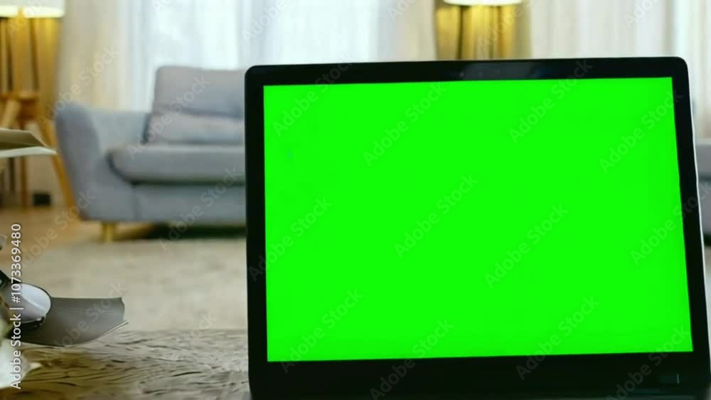 Modern laptop with template copy space green screen set on table in living room at home at night for distant learning or remote work green screen template 4k close up Modern laptop with template copy space green screen set on table in living room at home at night for distant learning or remote work green screen template 4k close up