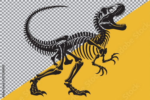 A black silhouette of a dinosaur skeleton