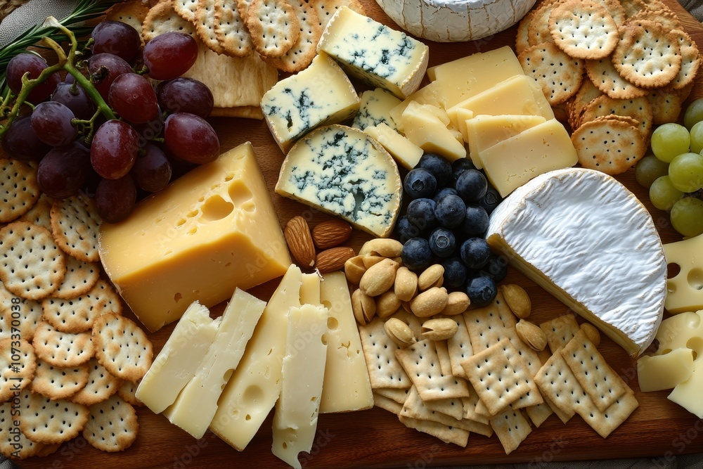 Classic Cheese Board: An overhead view of a wooden cheese board Classic Cheese Board: An overhead view of a wooden cheese board