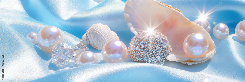 3D pearls seashells conches and diamonds scatter on beach babyblue silk fabric glossy shiny background with copy space. fashion romantic jewellery holographic elegant luxury wallpaper 3D pearls seashells conches and diamonds scatter on beach babyblue silk fabric glossy shiny background with copy space. fashion romantic jewellery holographic elegant luxury wallpaper