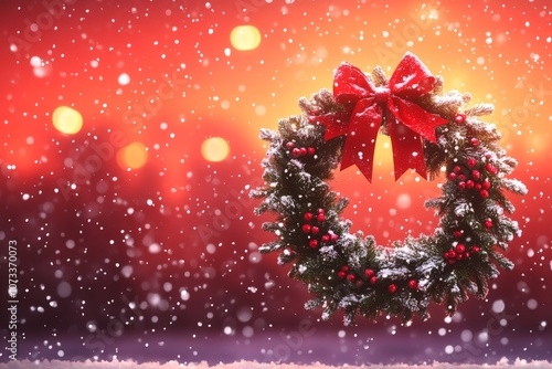 Red ribboned Christmas wreath in heavy snowfall with bokeh lights in a festive evening scene conveying joy warmth and seasonal magic photo