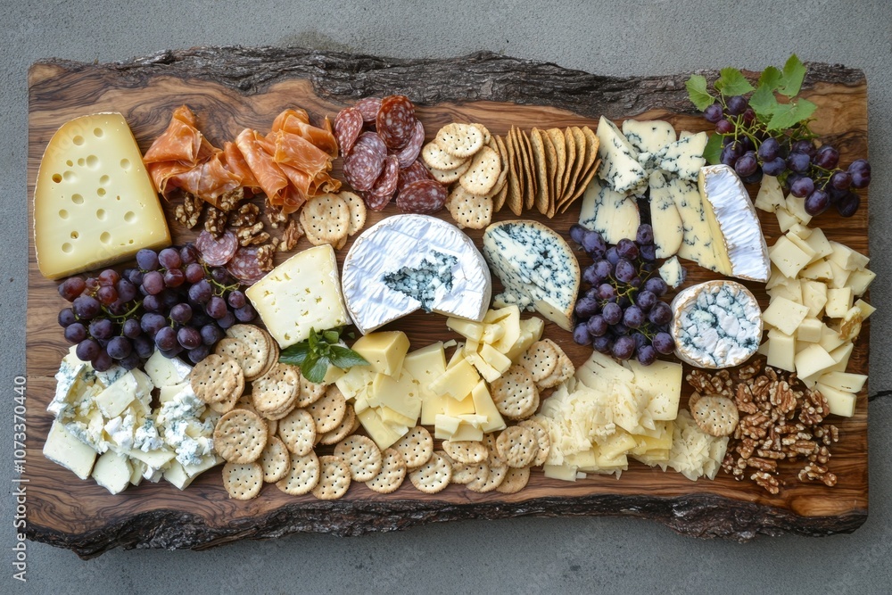Classic Cheese Board: An overhead view of a wooden cheese board Classic Cheese Board: An overhead view of a wooden cheese board