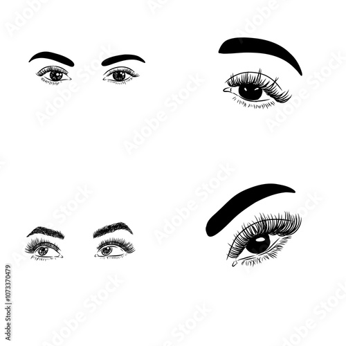 Hand drawn woman's sexy makeup look with perfectly shaped eyebrows and lashes