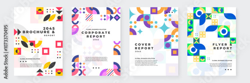 Colorful Geometric Business Brochure and Report Design 2045. Modern and abstract layouts featuring vibrant patterns, perfect for corporate presentations or marketing materials.