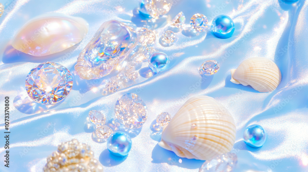 3D pearls seashells conches and diamonds scatter on beach babyblue silk fabric glossy shiny background with copy space. fashion romantic jewellery holographic elegant luxury wallpaper 3D pearls seashells conches and diamonds scatter on beach babyblue silk fabric glossy shiny background with copy space. fashion romantic jewellery holographic elegant luxury wallpaper