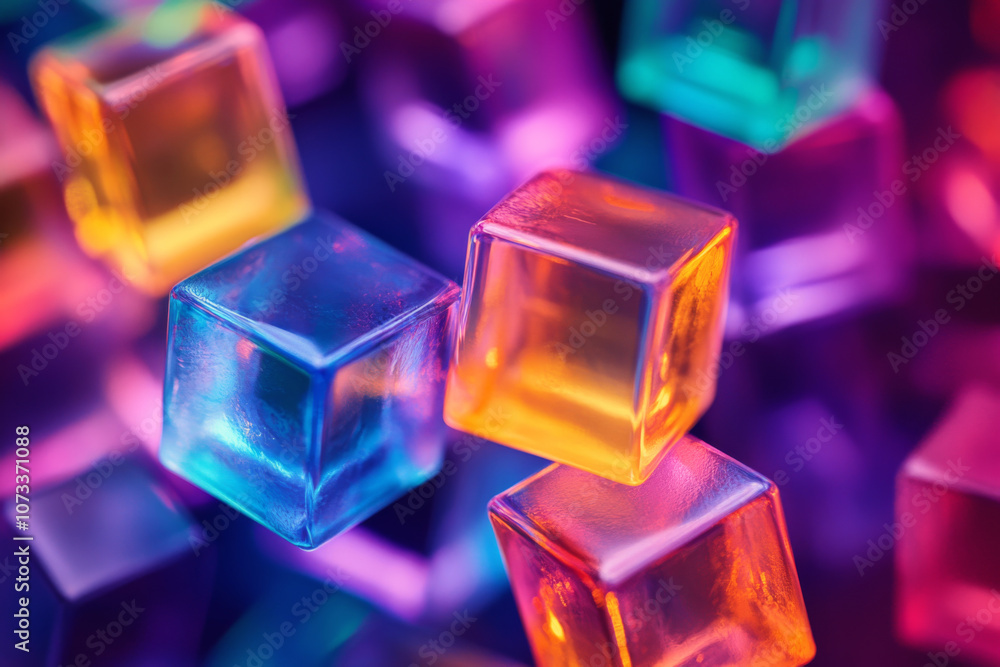 Colorful glowing cubes against dark background. Abstract pattern with vibrant geometric shapes Colorful glowing cubes against dark background. Abstract pattern with vibrant geometric shapes