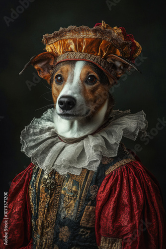 Studio portrait of dog wearing an medieval costume like a human against dark background. Anthropomorphic animal portrait