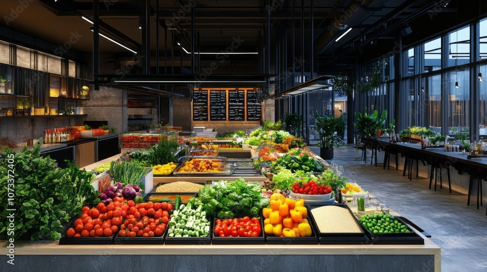 Fototapeta premium A large produce section in a restaurant with a variety of fruits and vegetables
