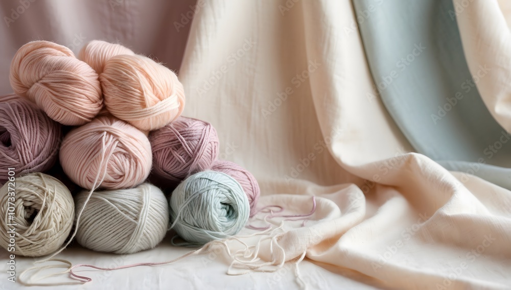 Obraz premium Pile of pastel-colored yarn balls on a soft background