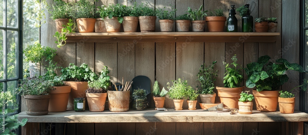Fototapeta premium A collection of potted plants sit on a wooden shelf in a sun-drenched greenhouse.