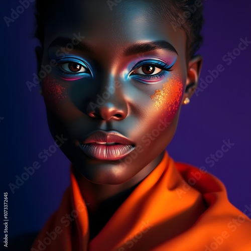 High-Fashion Portrait with Vibrant Blue and Orange Makeup on Dark Skin