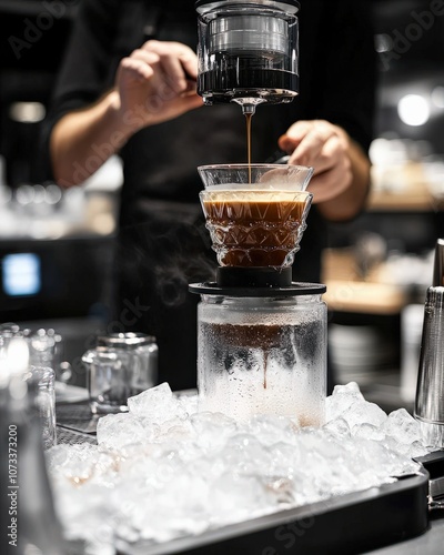 A stylish cafe scene where a barista carefully adjusts a slow drip coffee maker, with layers of coffee and ice visible, demonstrating the precision and attention required for this brewing technique photo