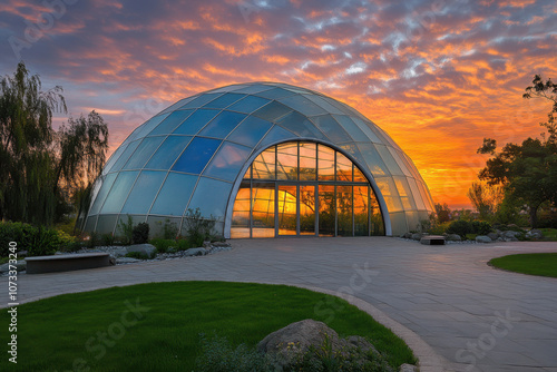 Stunning glass dome against a vibrant sunset sky, surrounded by lush greenery and reflecting the warm hues of the evening light.