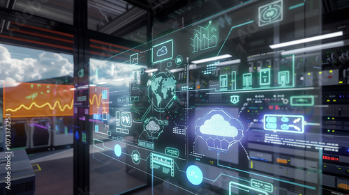 Holographic AR display of cloud data centers with multiple protective layers, real-time threat detection alerts, and access restriction indicators.