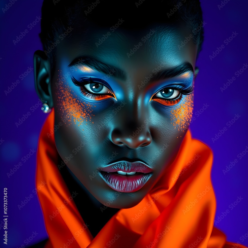 High-Fashion Portrait with Vibrant Blue and Orange Makeup on Dark Skin High-Fashion Portrait with Vibrant Blue and Orange Makeup on Dark Skin