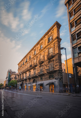 Aged buildings in the historic center of Palermo before sunset. Long exposure picture taken in June 2023