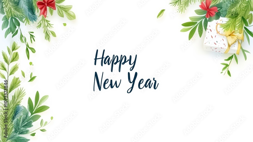 Naklejka premium A festive design featuring green foliage and a gift box with a Happy New Year message, perfect for cards, invitations, and digital greetings to celebrate the New Year,