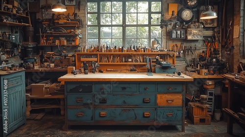 Cozy and Inviting Workshop Space with Well-Organized Tools, Bright Natural Light, and Rustic Wood Elements for Crafting and DIY Projects