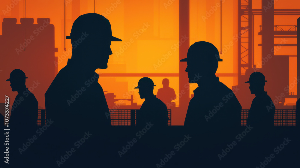 Silhouetted team members in factory setting with machinery Silhouetted team members in factory setting with machinery