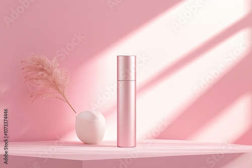 Pink Background,Studio room with 3d cylinder prodium display for product present,Vector illustration backdrop minimal scene with light on pink wall and floor. with generative ai photo