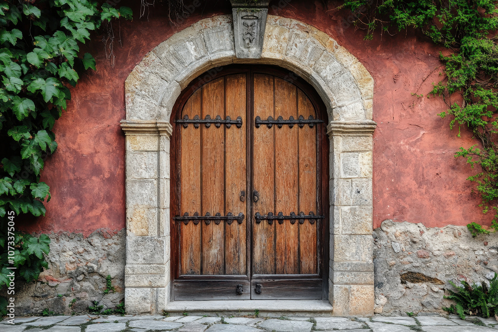 Rustic wooden arched door set in a weathered red brick wall, surrounded by lush green ivy, creating a charming and inviting entrance. Rustic wooden arched door set in a weathered red brick wall, surrounded by lush green ivy, creating a charming and inviting entrance.