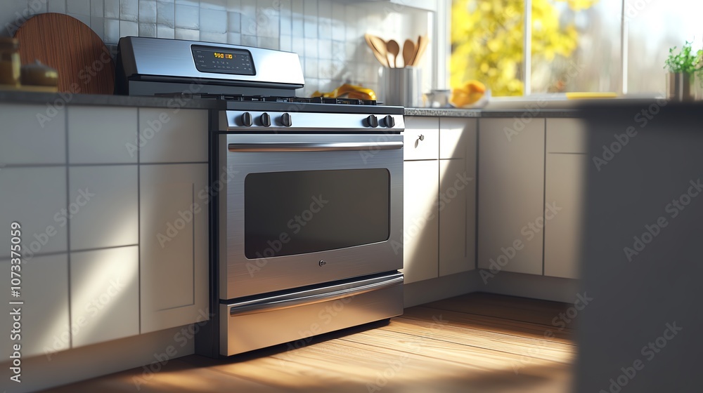 Fototapeta premium Capture a tilted angle view of a sleek, modern stove in a kitchen setting, emphasizing clean lines and stainless steel material in a digital photorealistic style