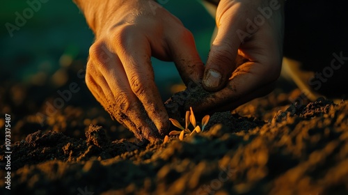 A person planting seeds in rich, dark soil under warm sunlight, showcasing nature's beauty. photo