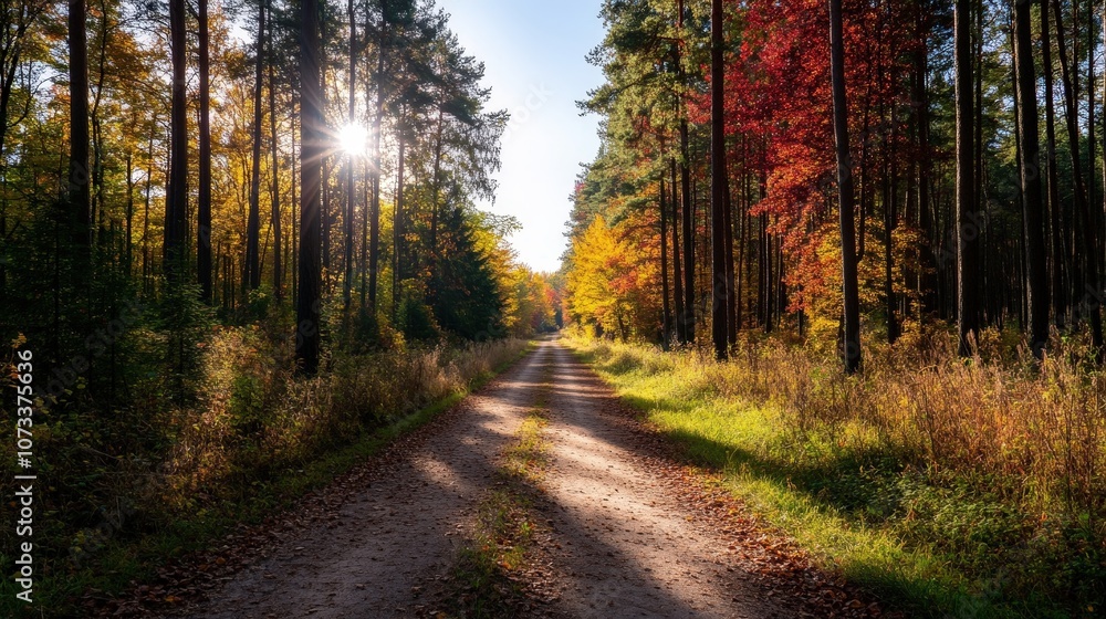 A scenic autumn forest path illuminated by the warm sunlight. A scenic autumn forest path illuminated by the warm sunlight.