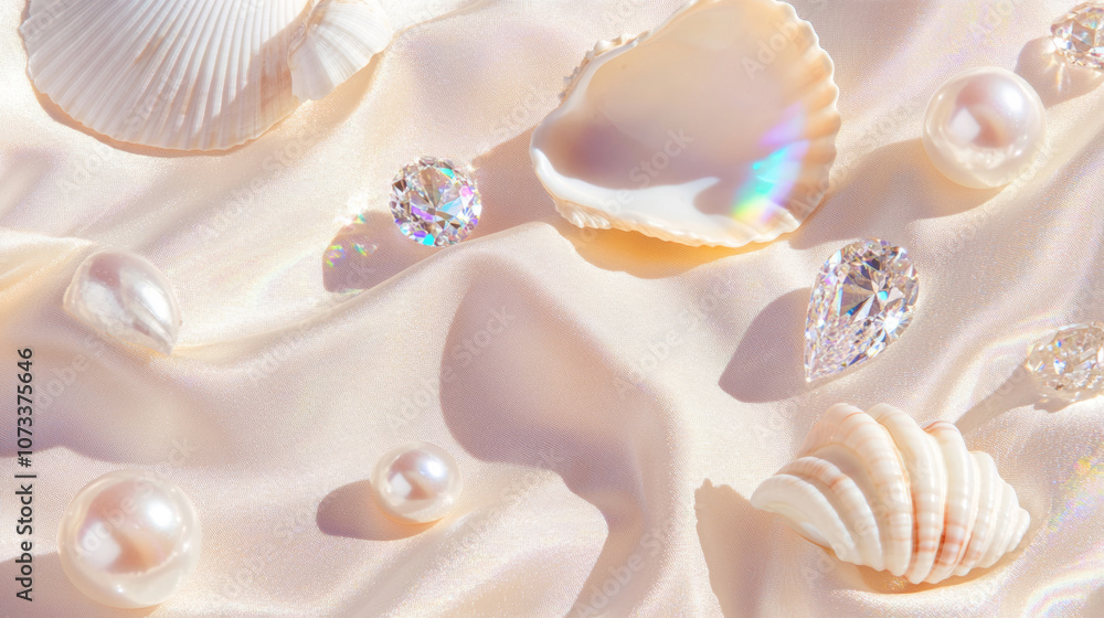 3D pearls seashells conches and diamonds scatter on beach beige white silk fabric glossy shiny background with copy space. fashion romantic jewellery holographic elegant luxury wallpaper 3D pearls seashells conches and diamonds scatter on beach beige white silk fabric glossy shiny background with copy space. fashion romantic jewellery holographic elegant luxury wallpaper