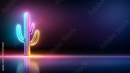 Colorful neon cactus design. Mexican glowing light banner