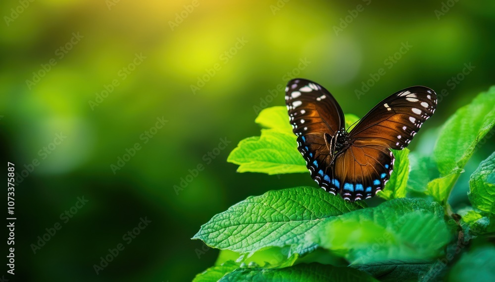 A vibrant butterfly rests on green leaves, showcasing its intricate patterns against a softly blurred natural background. A vibrant butterfly rests on green leaves, showcasing its intricate patterns against a softly blurred natural background.
