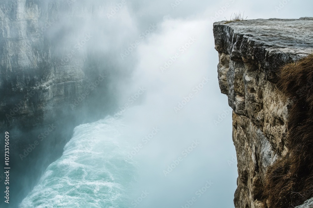Cliffside View with Fog and Waves: A dramatic view from a high cliff Cliffside View with Fog and Waves: A dramatic view from a high cliff