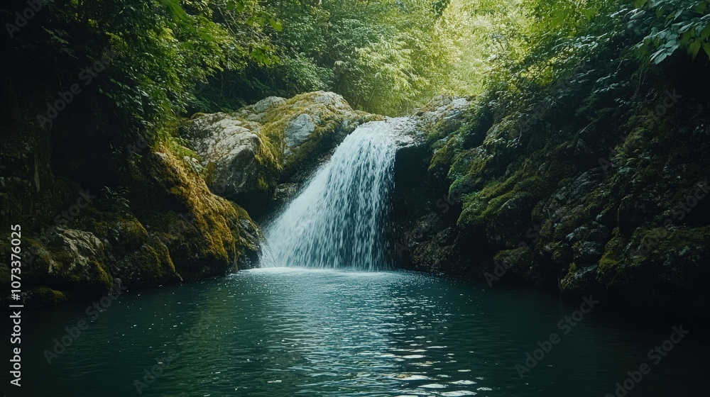 Naklejka premium A serene waterfall surrounded by lush greenery and calm waters in a natural setting.